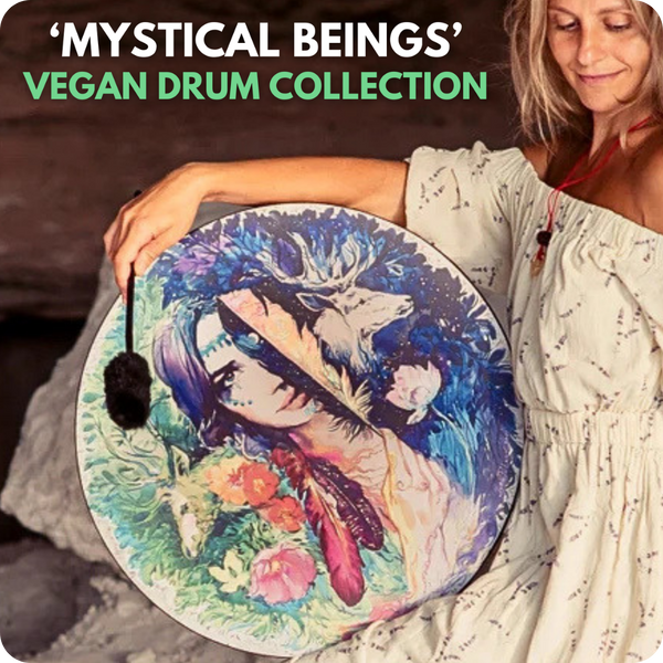 woman in a linen summer dress holding a Nazar Vegan Drum which has a painted design with forest motifs and a woman's face