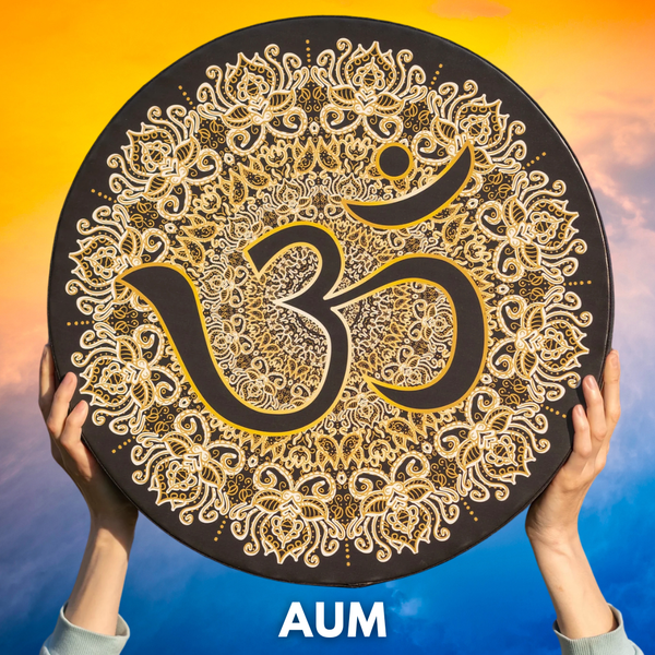Aum symbol in black with gold outline on a Nazar Vegan Drum with detailed yellow mandala around the symbol