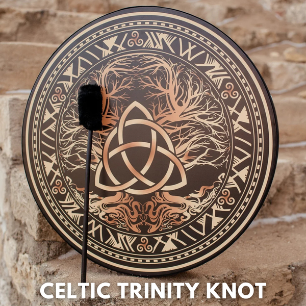 forward facing Nazar Vegan Drum with Celtic Trinity Knot in gold with a black background