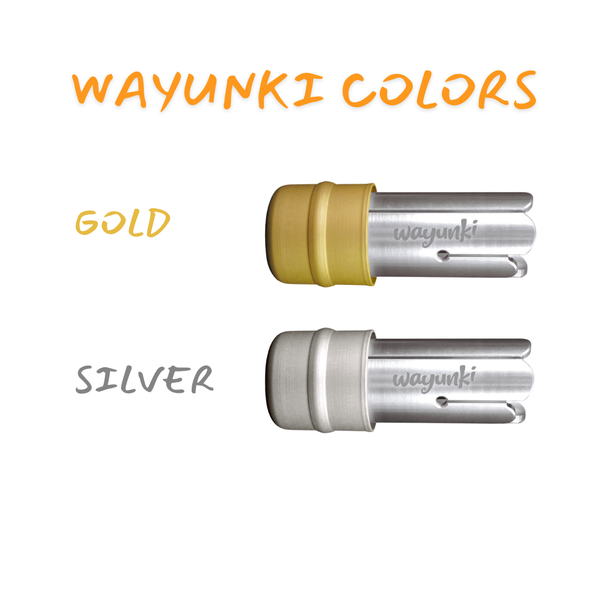 two Wayunki Tongue Chime Bell with gold and silver mouthpieces labeled Wayunki Colors on top